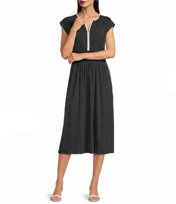 ダナキャラン レディース トップス 衣装 Vのど首 A 生産ライン MIDI シャーリング 対比 旗がしら Donna Karan Contrast Piped V-Neck Cap Sleeve Smocked Waist A-Line Midi Dress Black/Cream 皮膚軟化剤