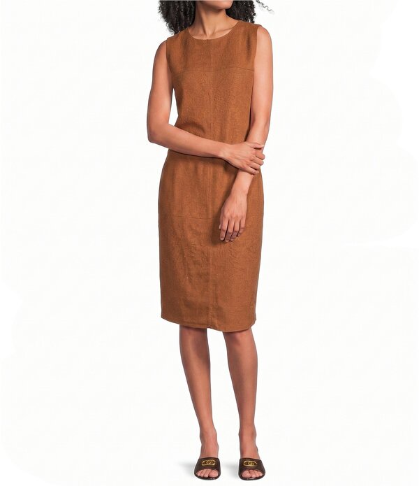 ダナキャラン レディース トップス 衣装 ノースリーブ リネン Donna Karan Linen Blend Jewel Neck Sleevelesshift Dress Cognac