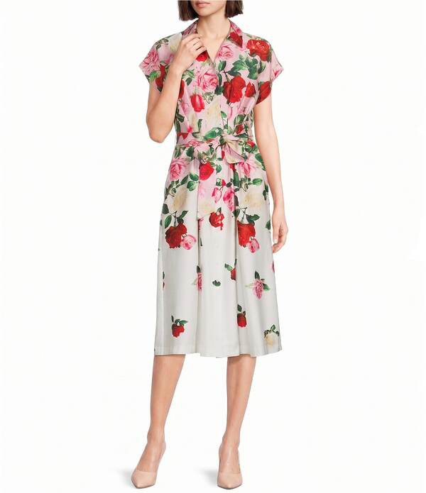 長い巻き毛 ラガーフェルド レディース トップス 衣装 刷り上げる プルオーバー KARLAGERFELD PARISateen Print Spread Collar Short Sleeve Shirt Dress Cornelia Rose/Soft White Multi 白いこと