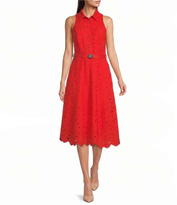 長い巻き毛 ラガーフェルド レディース トップス 衣装 A 生産ライン ノースリーブ KARLAGERFELD PARIS Eyelet Point Collar Sleeveless Belted A-Line Dress Apple Red 赤いこと