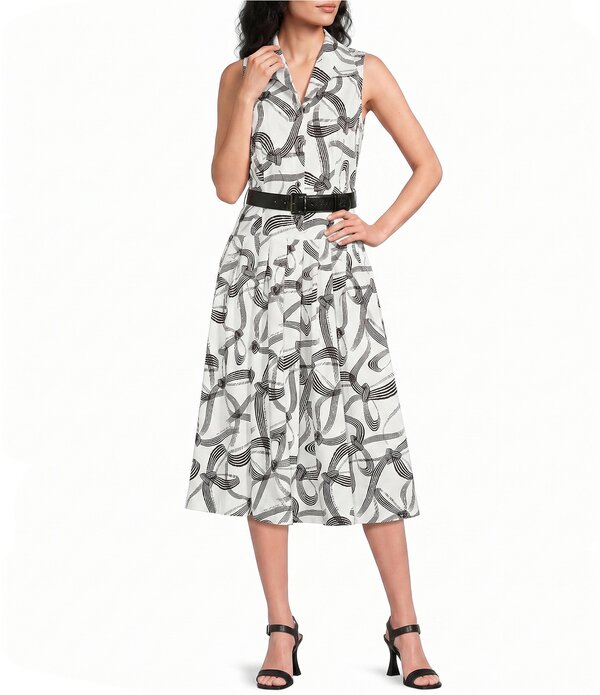 長い巻き毛 ラガーフェルド レディース トップス 衣装 刷り上げる MIDI プルオーバー ノースリーブ KARLAGERFELD PARISateen Print Band Collar Sleeveless Midi Length Belted Shirt Dressoft White/Black 白いこと