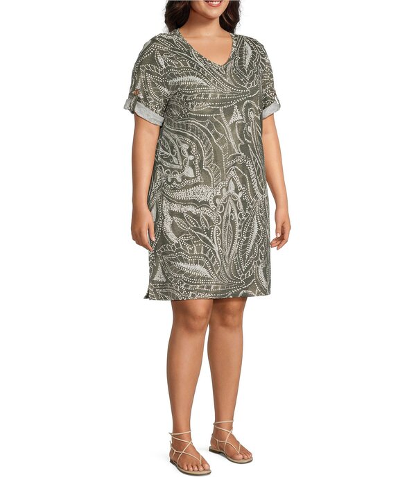 ウエストバウンド レディース トップス ワンピース Vネック プラスサイズ Westbound Plusize Short Sleeve V-Neck Short Dress Dotted Vines｜ReVida 店