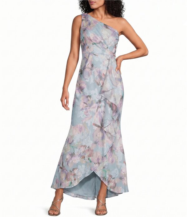 アレックスイブニングス レディース トップス 衣裳 シフォン 御花柄 プチ 刷り上げる 御花 Alex Evenings Petite Size One Shoulder Floral Print Chiffon Long Dress Blue/Multi 青碧