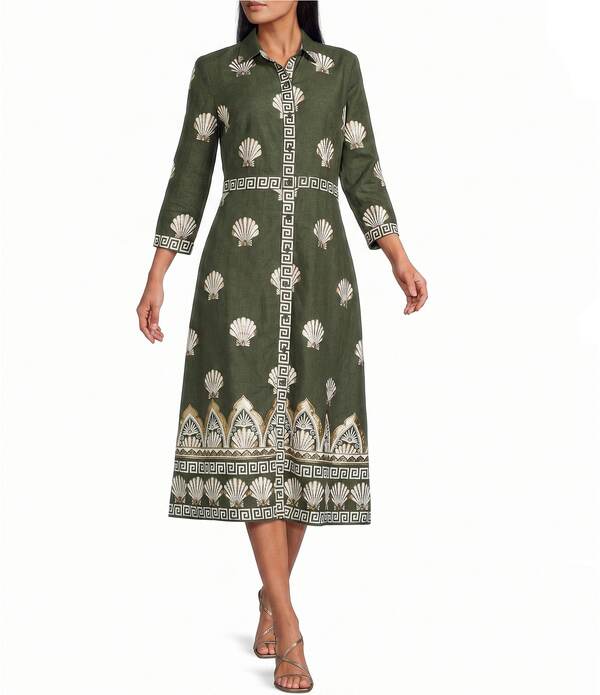 ジュードコーナリー レディース トップス 衣裳 刷り上げる MIDI 綿織物 Jude Connally Minna Cotton Voile Gilded Shell Print Point Collar 3/4 Sleeve Midi Dress Gilded Shelloden