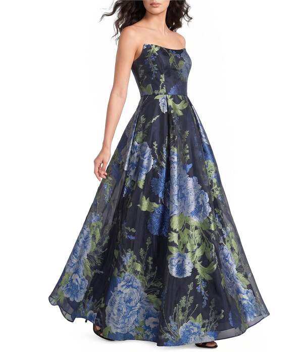 ケイ アンジャー レディース トップス 衣装 A 生産ライン 御花柄 トール 御花 Kay Unger Willow Floral Metallic Organza Curved Stapless Neckline A-Line Gown Dark Twilight メタリック