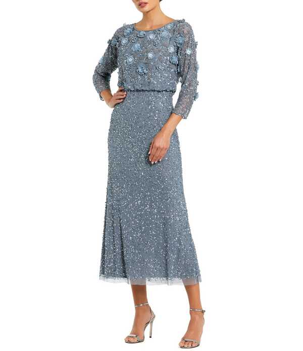 マックダガル レディース トップス 衣装 MIDI Mac Duggal 3/4 Sleeve Beaded Blouson Midi Dresslate Blue スレート