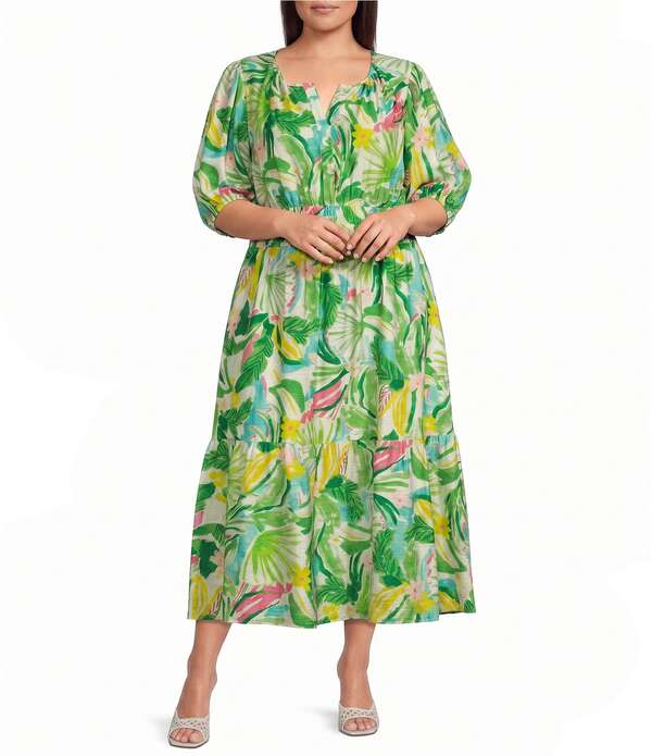 インベストメンツ レディース トップス 衣装 足し加える大きさ マキシ Investments Plusize Abstractropical Short Cuff Sleeve Split Round Neck Maxi Crinkle Dress Abstractropical