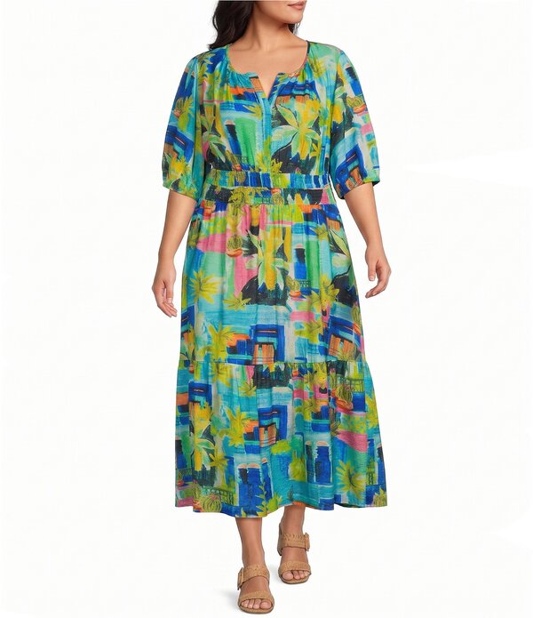インベストメンツ レディース トップス 衣装 足し加える大きさ マキシ Investments Plusize Palm Patch Short Cuff Sleeve Split Round Neck Maxi Crinkle Dress Palm Patch