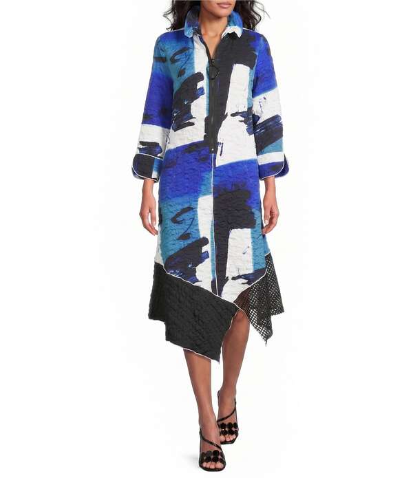 アイシーコレクション レディース トップス 衣裳 刷り上げる メッシュ ICollection Pucker Mesh Abstract Print Stand Wire Collar 3/4 Sleeve Asymetrical Zip Dress Blue 青碧