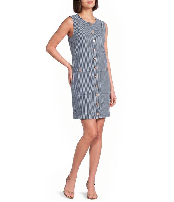 エヌワイディージェイ レディース トップス 衣装 労働者の一団のど首 A 生産ライン ノースリーブ ジーンズ NYDJ Denim Stripe Crew Neck Sleeveless A-Line Utility Dress Malaga Stripe 縞模様