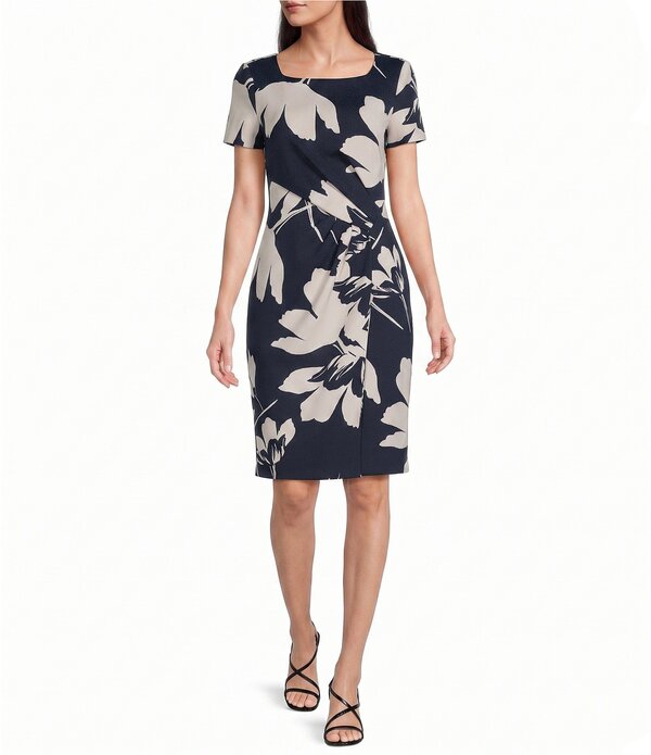 カルバンクライン レディース トップス 衣装 御花柄 刷り上げる 御花 Calvin Klein Short Sleeve Floral Print Square Neck Sheath Dress Indigo インディゴ