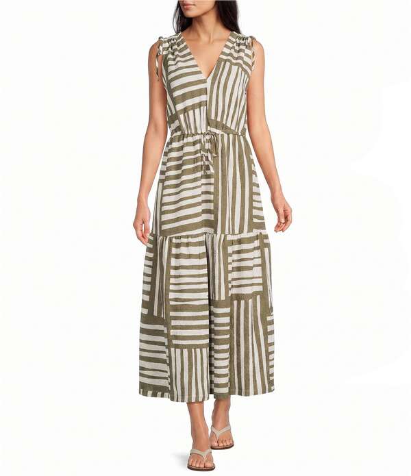 カルバンクライン レディース トップス 衣装 Vのど首 MIDI ノースリーブ Calvin Klein Sleeveless V Neck Abstract Pattern Midi Dress Light Olive Cream 皮膚軟化剤