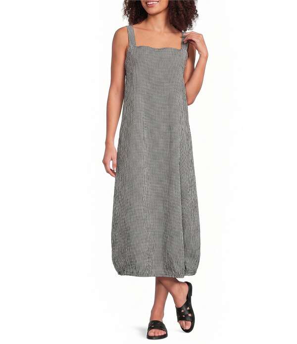 エイリーンフィッシャー レディース トップス 衣裳 綿織物 Eileen Fisher Organicotton Pucker Check Square Neck Sleevless Lantern Dress Black/White 白いこと