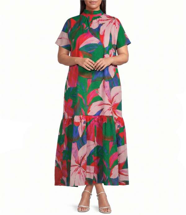 シュガーリップス レディース トップス 衣装 モックネック 足し加える大きさ 刷り上げる マキシ Sugarlips Plusize Dime Tropical Print Mock Neck Short Sleeve Maxi Shift Dress Kelly-Pink サクラ色