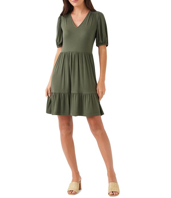 カレンケーン レディース トップス 衣装 Vのど首 ティアード プチ プルオーバー Karen Kane Petite Size Jersey V-Neck Short Puff Sleeve Tiered Sheath Dress Olive オリーブ