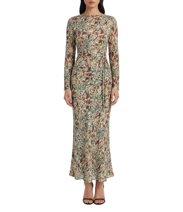 ドナモーガン レディース トップス 衣装 刷り上げる MIDI Donna Morgan Abstract Printie Waist Long Sleeve Fitted Midi Dress Green/Tan 緑であること