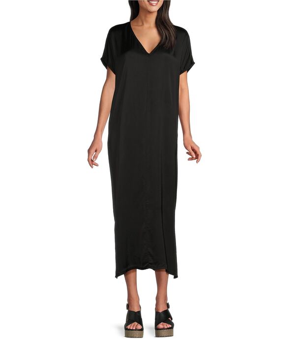 ブラジャーはたご屋 ウォーカー レディース トップス 衣装 Vのど首 繻子 旗がしら Bryn Walkerebecca Satiny Woven V-Neck Cap Sleeve Oversizedress Black 黒いこと