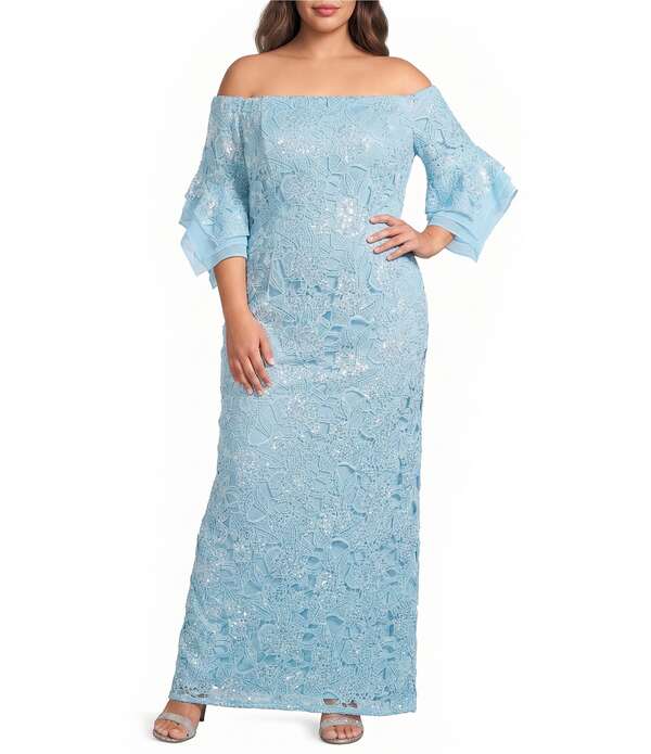 アドリアナ パペル レディース トップス 衣裳 つけ加える大きさ スパンコール スピード競技 Adrianna Papell Plusize Sequin Lace Off-The-Shoulder Neck 3/4 Flutter Sleeve Column Gown Airy Aqua アクア