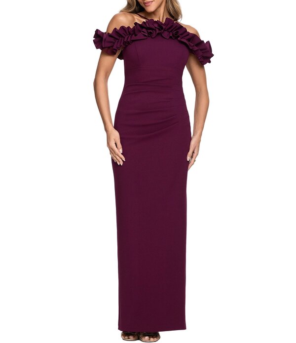 逃げ失せる レディース トップス 衣裳 縮緬 フラウンス アクアラング Xscape Scuba Crepe Ruffle Top Long Dress Raisin