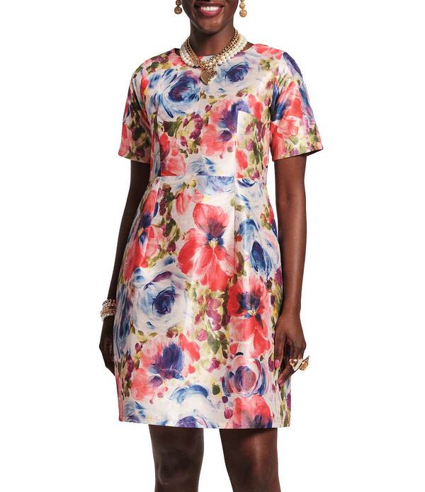 フランセスバレンタイン レディース トップス 衣裳 御花柄 刷り上げる 御花 FRANCES VALENTINE Michelle Super Bloom Floral Print Dupioni Short Sleeve Seamed Bodice Dress Pink/Purple/Multi さくら色