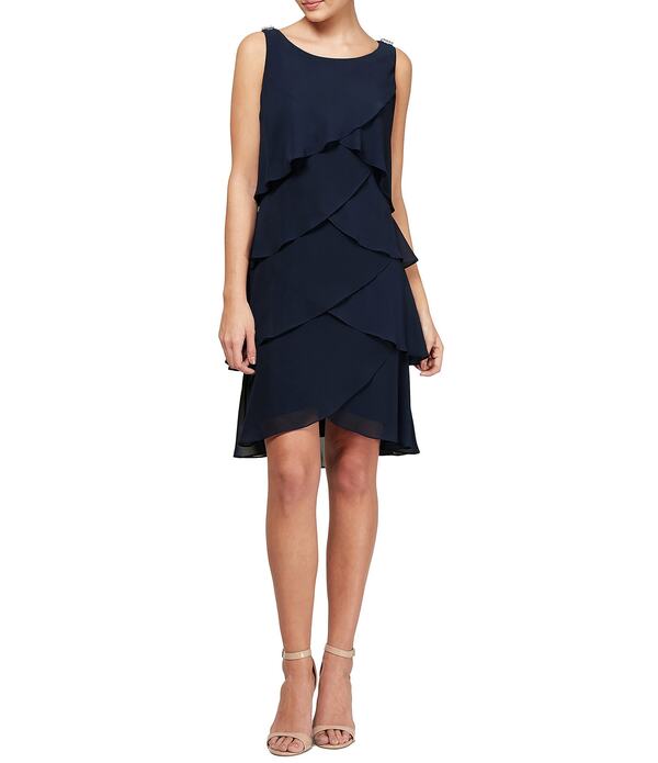 イグナイト レディース トップス 衣裳 ティアード シフォン ノースリーブ Ignitevenings Chiffon Tulip Tiered Hem Sleeveless Round Neck Sheath Dress Navy 米国海軍