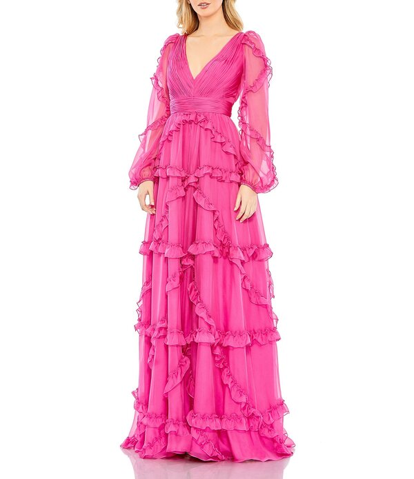 マックダガル レディース トップス 衣装 Vのど首 フラウンス Mac Duggal V-Neck Long Puff Sleeve Ruffled Gown Fuchsia フューシャ