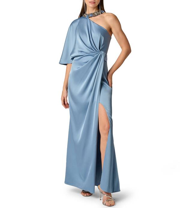 アイダンマットックス レディース トップス 衣装 縮緬 非対称 繻子 Aidan Mattox Satin Crepe Back Asymmetrical One Shoulder Beaded Neck Short Sleeve Side Twist Column Gown Blue Cloud 青色