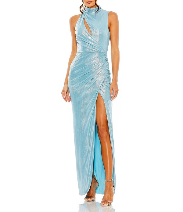 マックダガル レディース トップス 衣装 モックネック カットアウトール ノースリーブ Mac Duggal Metallic Mock Neck Sleeveless Cutout Gown Powder Blue 青色