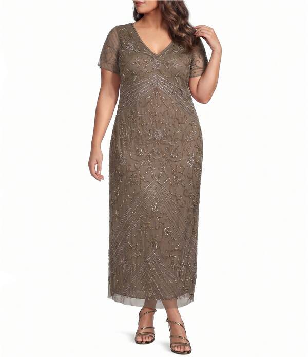 ピサッロナイツ レディース トップス 衣裳 Vのど首 つけ加える大きさ Pisarro Nights Plusize Beaded V-Neck Short Sleeve Sheath Gown Mocha モカ