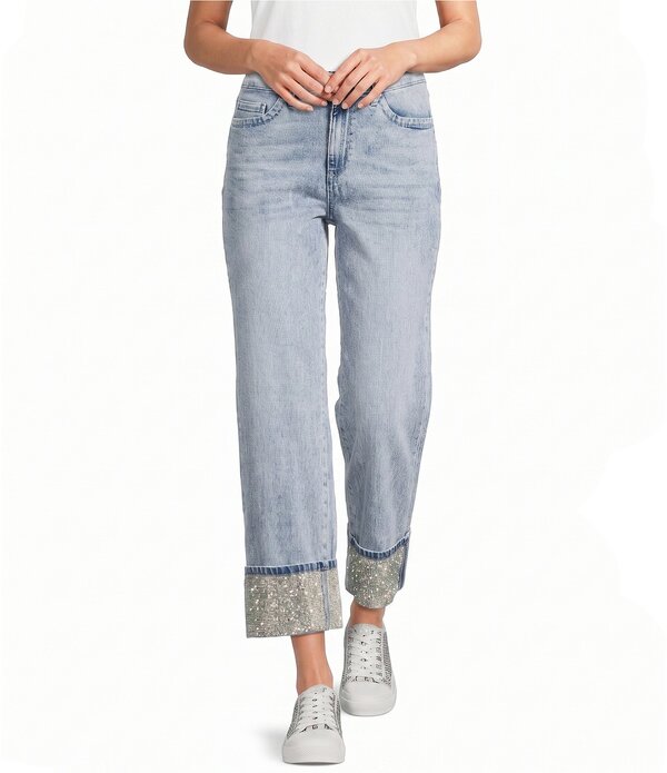 長い巻き毛 ラガーフェルド レディース ボトムス ジーンズズボン下 デニム KARLAGERFELD PARIS Crystal Cuff Hem Stretch Jeans Ice Blue 青み