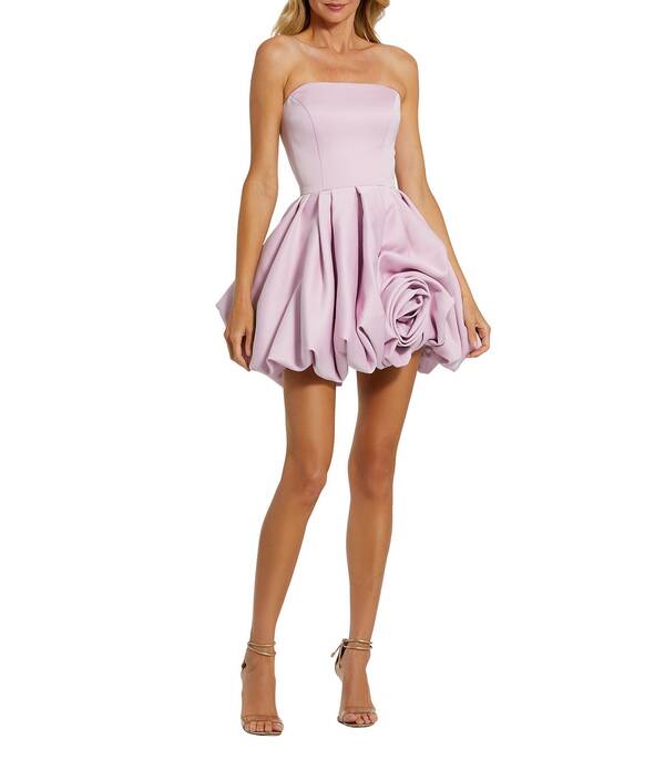 マックダガル レディース トップス 衣装 ミニ 繻子 ストラップレス Mac Duggal Strapless Rose Bubble Hem Satin Mini Dress Lilac 紫はしどい