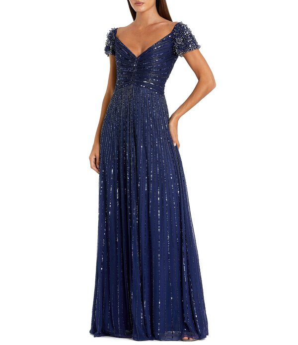 マックダガル レディース トップス 衣裳 Vのど首 A 伝達ルート メッシュ スパンコール Mac Duggal Sequin Mesh V-Neck Beaded Shoulder A-Line Gown Sapphire サファイア