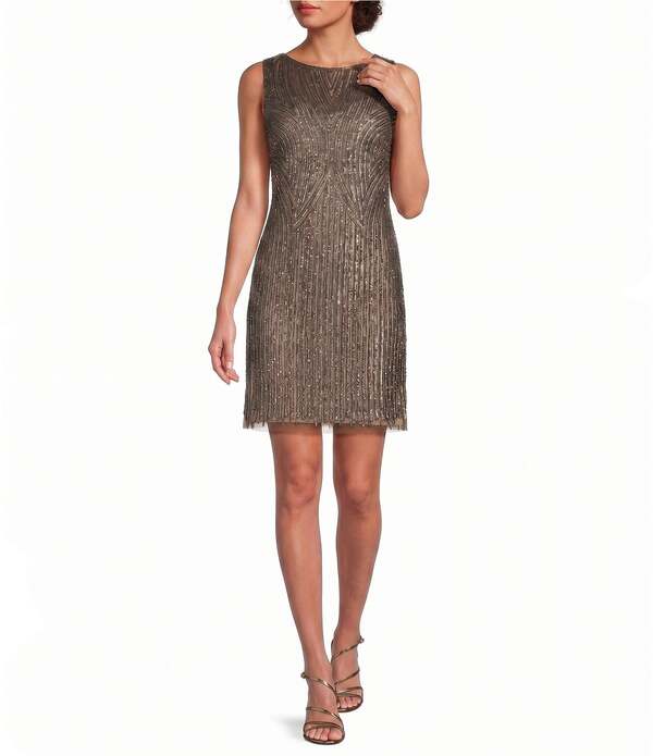 ピサッロナイツ レディース トップス 衣裳 プチ メッシュ ノースリーブ Pisarro Nights Petite Size Beaded Mesh Illusioneckline Sleeveless Dress Mocha モカ
