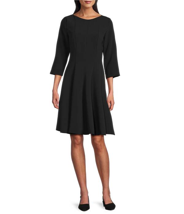 キャロライン さくら色 レディース トップス 衣裳 縮緬 Caroline Rose Crepe Boat Neck 3/4 Sleeve Fit-And-Flare Dress Black 黒いこと