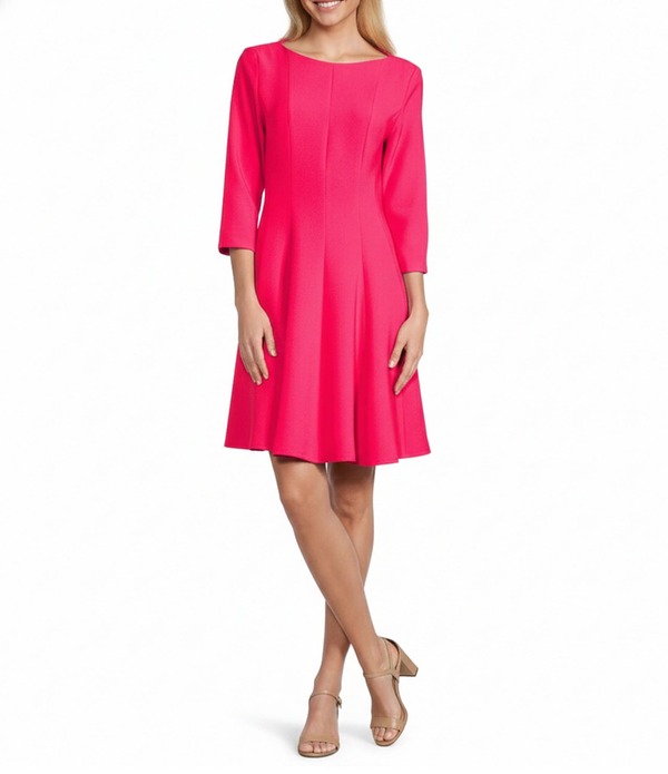 キャロライン さくら色 レディース トップス 衣裳 縮緬 Caroline Rose Crepe Boat Neck 3/4 Sleeve Fit-And-Flare Dress Calypso Coral コーラル