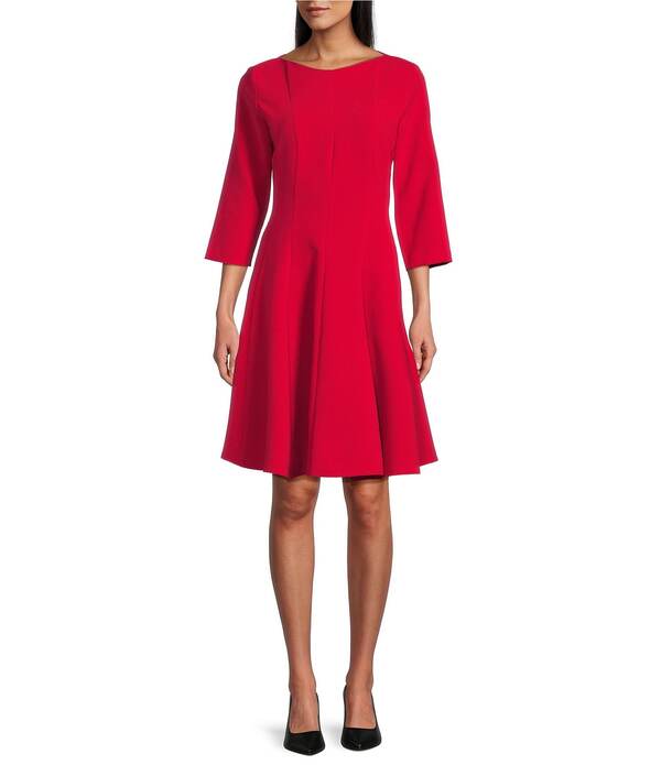 キャロライン さくら色 レディース トップス 衣裳 縮緬 Caroline Rose Crepe Boat Neck 3/4 Sleeve Fit-And-Flare Dress Deep Red 赤いこと