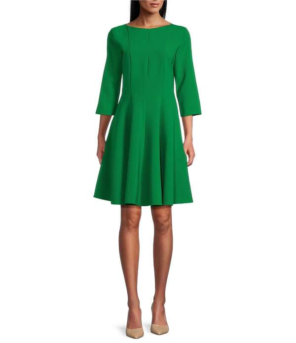 キャロライン さくら色 レディース トップス 衣裳 縮緬 Caroline Rose Crepe Boat Neck 3/4 Sleeve Fit-And-Flare Dress Green Gem 緑であること