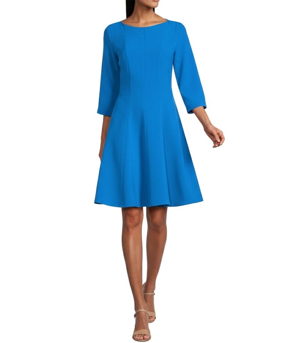 キャロライン さくら色 レディース トップス 衣裳 縮緬 Caroline Rose Crepe Boat Neck 3/4 Sleeve Fit-And-Flare Dress Vivid Blue 青碧