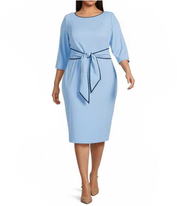アドリアナ パペル レディース トップス 衣装 クルーネックレープラスサイズ Adrianna Papell Plusize Crew Neck 3/4 Sleeve Crepe Tie Waist Sheath Dress Water/Navy 米国海軍
