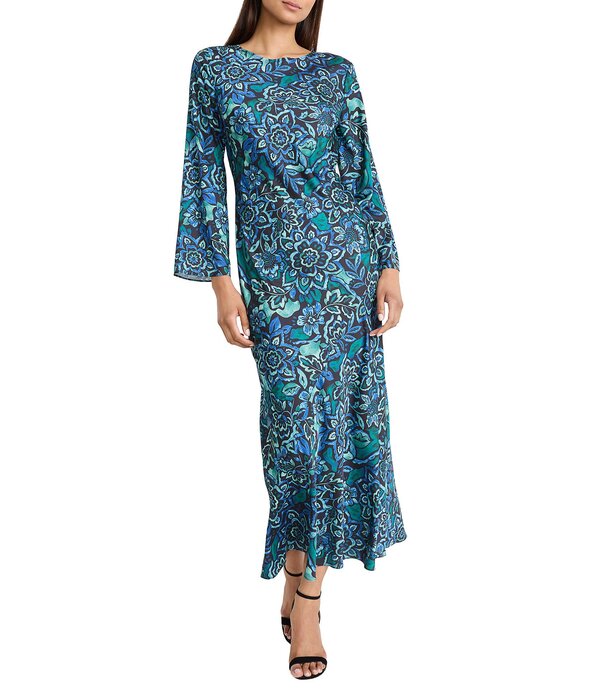 ドナモーガン レディース トップス 衣装 労働者の一団のど首 刷り上げる Donna Morgan Charmeuse Long Flare Sleeve Crew Neck Printed Long Sheath Dress Black/Basil 黒いこと
