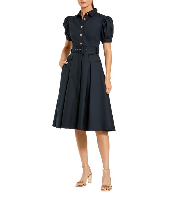 マックダガル レディース トップス 衣装 midi Mac Duggal Puff Sleeve Twill Button Up Midi Dress With Belt Midnight