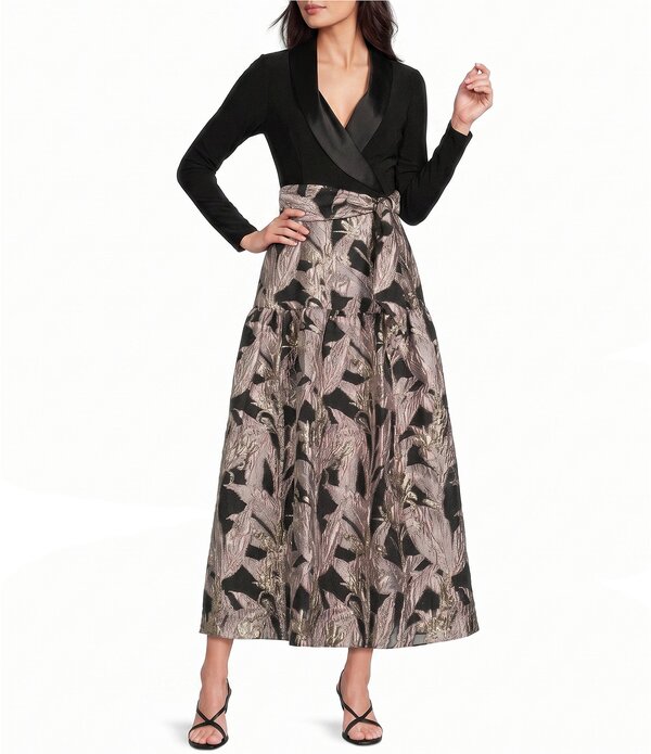 アドリアナ パペル レディース トップス 衣裳 御花柄 MIDI 御花 Adrianna Papell Floral Jacquard Tuxedo Midi Dress Black Blush 黒いこと