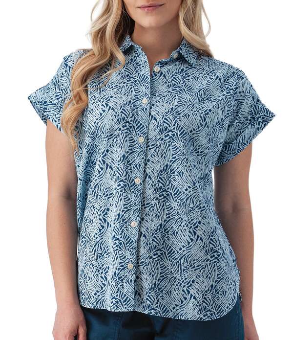 アベンチュラ レディース トップス プルオーバー 縮緬リント 綿織物 Aventura Beachcomber Organicotton Printed Crepe Woven Short Sleeves Button Front Shirt Blue 青碧