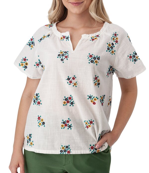 アベンチュラ レディース トップス プルオーバー 御花柄 綿織物 刺しゅう 御花 Aventura Mariposa Organicotton Floral Embroidered Split Neck Short Sleeve Top White 白いこと