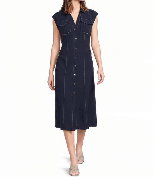 ドナモーガン レディース トップス 衣裳 縮緬 MIDI アクアラング Donna Morgan Scuba Crepe Button Front Midi Dress Navy Blazer 米国海軍