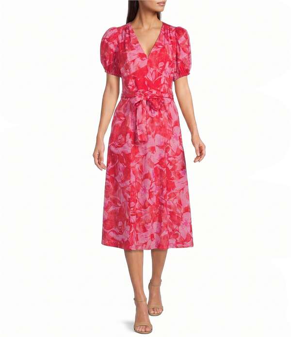 ドナモーガン レディース トップス 衣装 御花柄 刷り上げる MIDI 綿織物 御花 Donna Morgan Cotton Floral Print Puff Sleeve Midi Dress Pink/Coral サクラ色