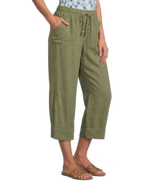 酉の方角刎ね上がる レディース ボトムス 心地好いズボン下 リネン Westbound Linen Blend Flat Front Pull-On Cropants Light Olive オリーブ