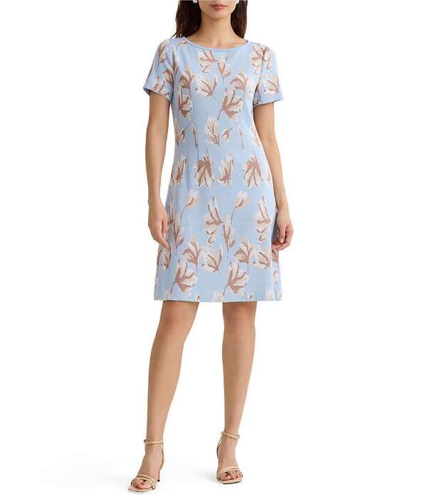 ミソック レディース トップス 衣裳 A 伝達ルート 御花柄 編み物 御花 MISOOK Floral Knit Boat Neck Short Sleeve A-Line Dress Tranquil Blue/Charmuese/Multi 青碧