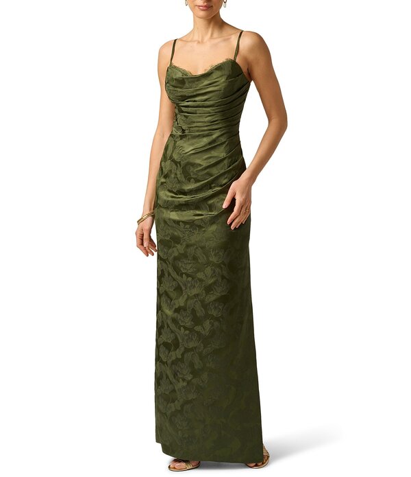 アドリアナ パペル レディース トップス 衣裳 スピード競技刈り込み スピード競技 Adrianna Evening by Adrianna Papell Woven Jacquard Long Dress With Lace Trim Dark Olive オリーブ