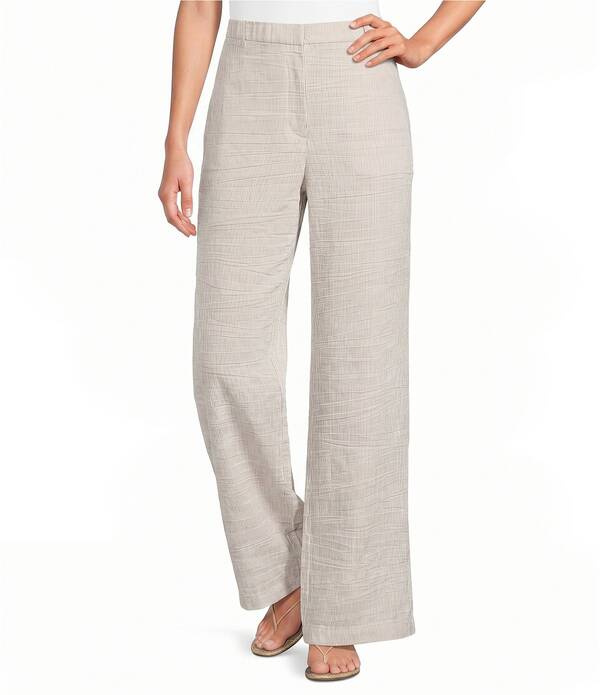 エイリーンフィッシャー レディース ボトムス カジュアルパンツ ワイドレッグ プチ リネン Eileen Fisher Petite Size Organic Linen Blend Striped Sheen High Waisted Wide Leg Trousers Wheat ストライプ｜ReVida 店